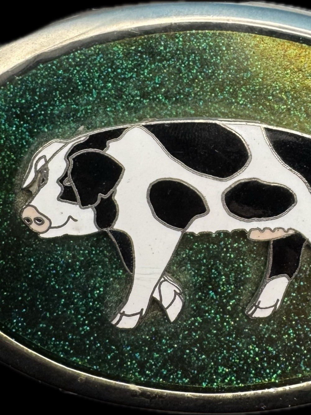 Vintage MCBI Spotted Pig Green Sparkly Enamel Inlay Silver Tone Belt Buckle